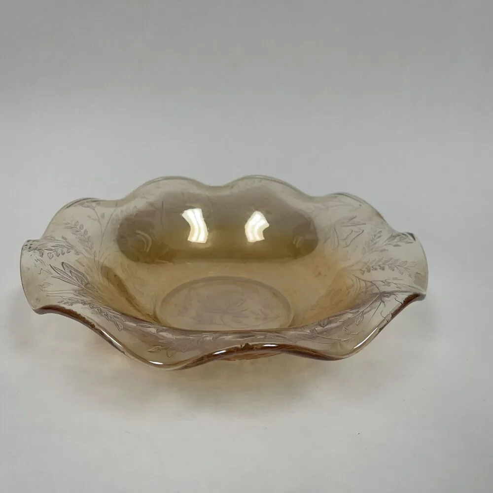 Jeannette Glass Fluted Bowl Marigold Ruffled Edge Floral 9 5/8